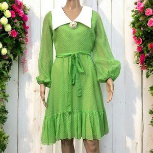 SOLD Vintage 1960s Lilli Diamond Lime Green White Polka Dot Balloon Sleeve Dress